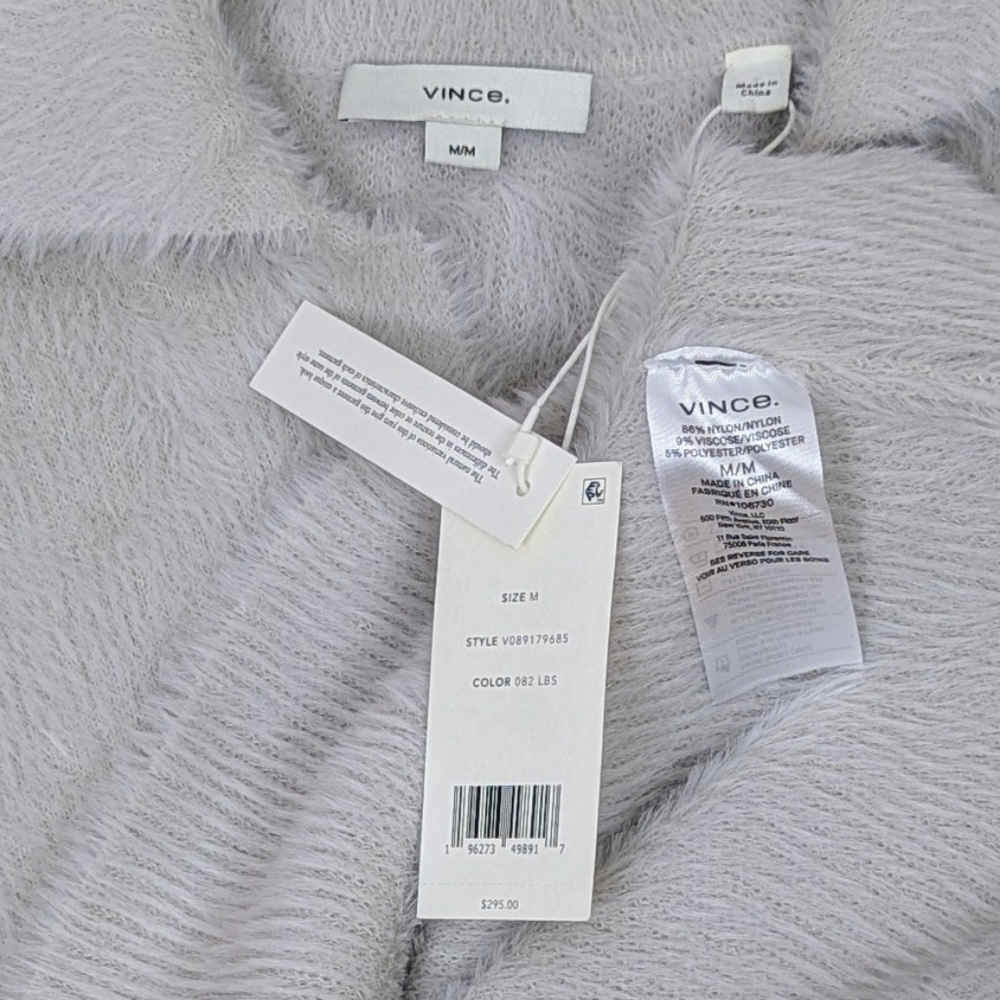 Vince Eyelash Polo Sweater Long Sleeve Soft FuzzyTexture Light Birch Stone M NWT - Picture 13 of 14